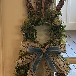 Green Holiday Wreath with Blue Accent Bow